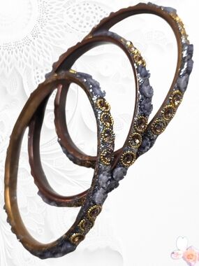 Artisan Made Gold and Bluish Gray Crystal-Accent Bangle Set - Glitter Jewelry